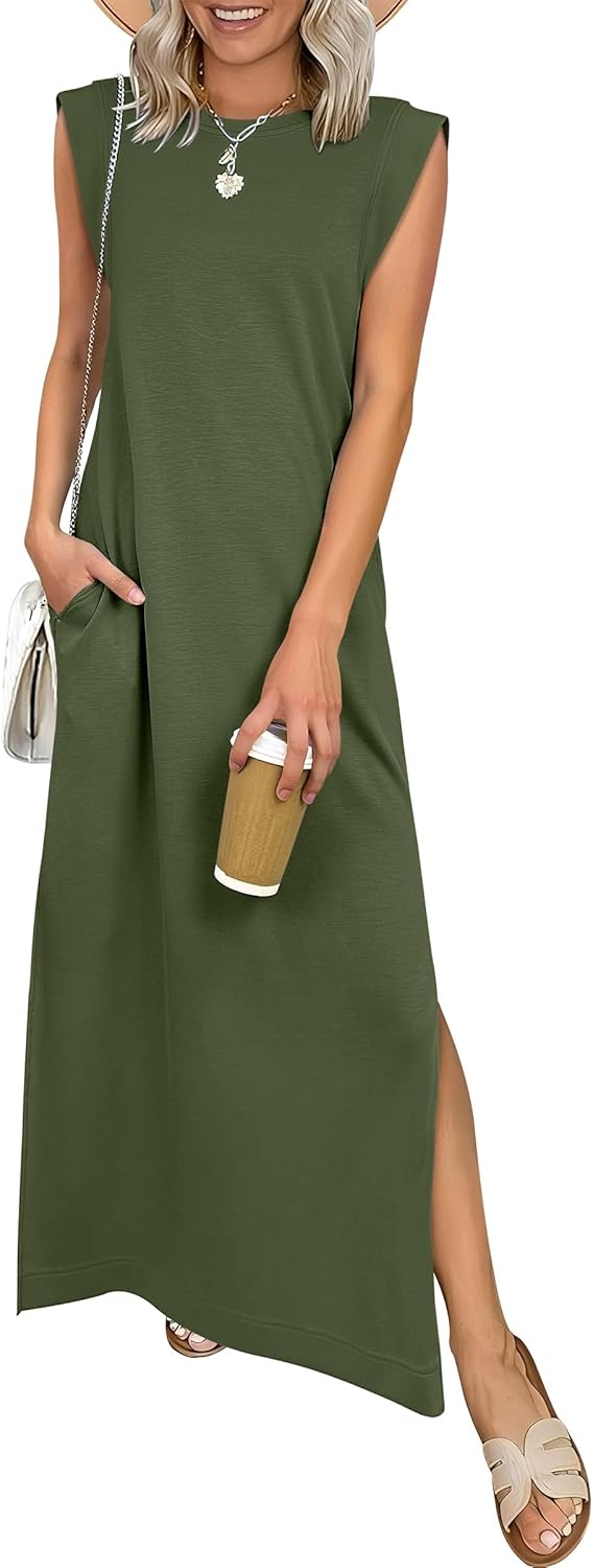 Women Summer Casual Sleeveless Maxi Dress 2026 Crewneck Loose Split Wrinkle-Free Beach Travel Vacation Long Sundress