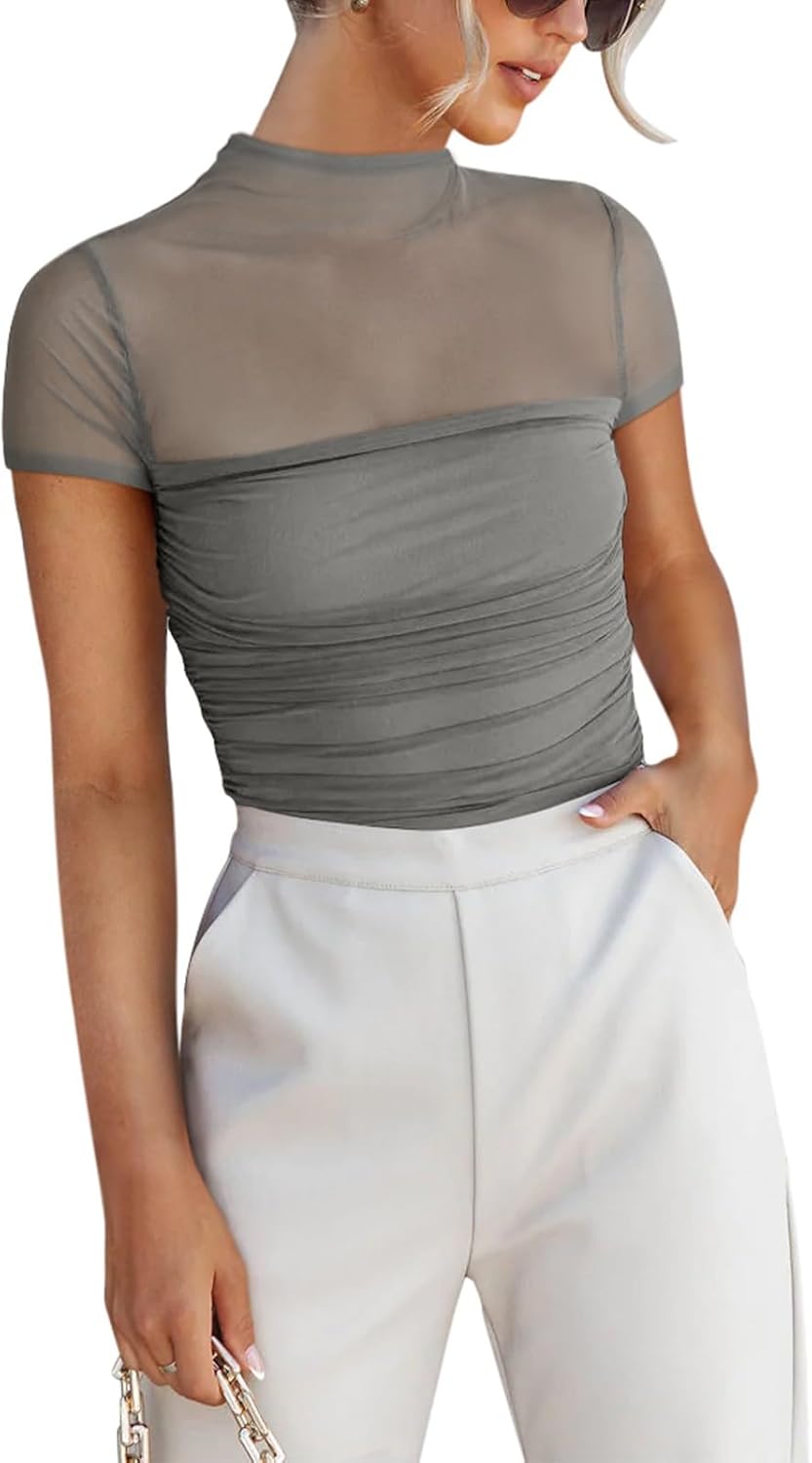 Women's Sexy Mock Turtle Neck Short Sleeve Shirts Sheer Mesh Ruched Trendy Going Out Bodysuits Tops