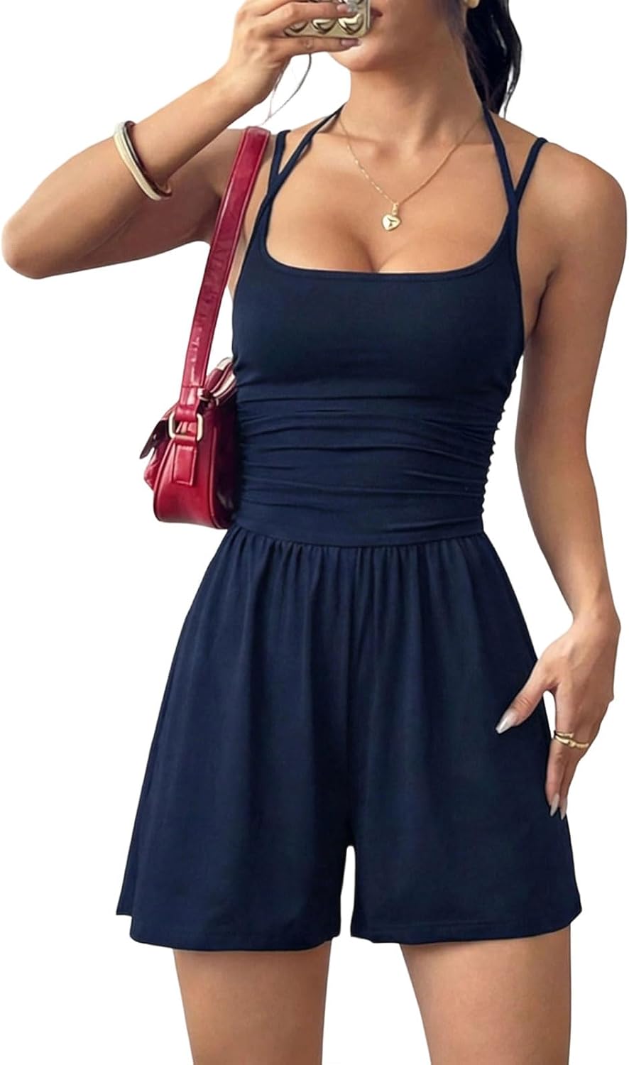 Summer Rompers for Women 2026 Casual One Piece Spaghetti Strap Sleeveless Shorts Jumpsuit Beach Vacation Outfits