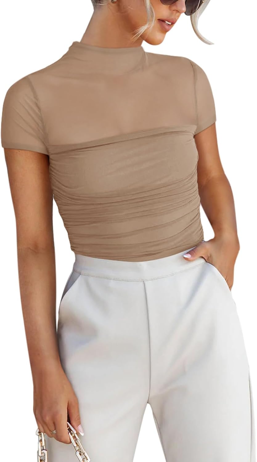 Women's Sexy Mock Turtle Neck Short Sleeve Shirts Sheer Mesh Ruched Trendy Going Out Bodysuits Tops