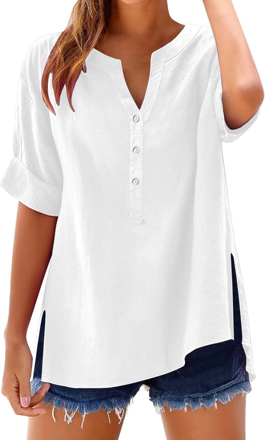 Women's Solid V-Neck Linen Shirt - 2025 Lightweight Summer Beach Top, Short Sleeve Boho Button Front Casual Blouse