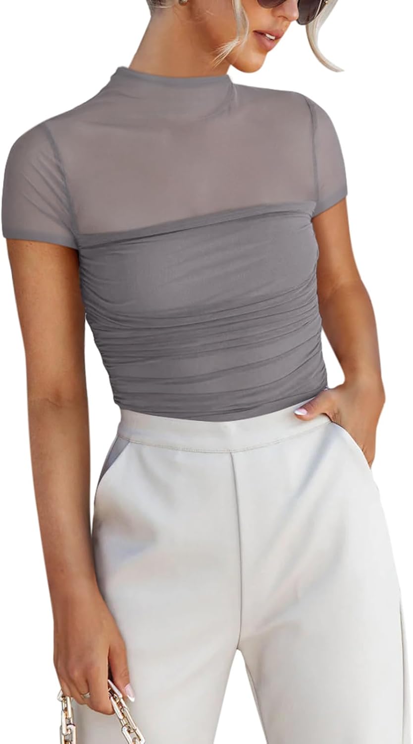 Women's Sexy Mock Turtle Neck Short Sleeve Shirts Sheer Mesh Ruched Trendy Going Out Bodysuits Tops