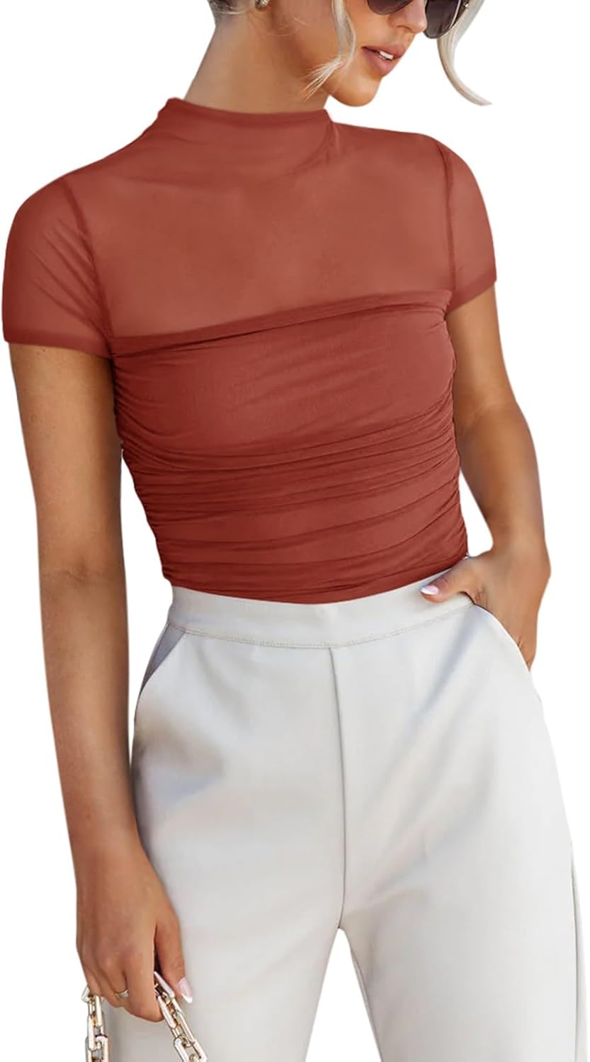 Women's Sexy Mock Turtle Neck Short Sleeve Shirts Sheer Mesh Ruched Trendy Going Out Bodysuits Tops