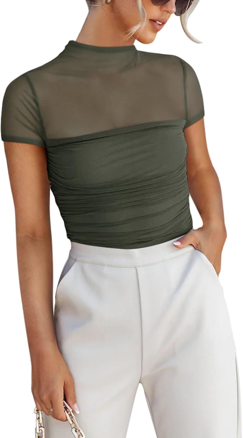 Women's Sexy Mock Turtle Neck Short Sleeve Shirts Sheer Mesh Ruched Trendy Going Out Bodysuits Tops