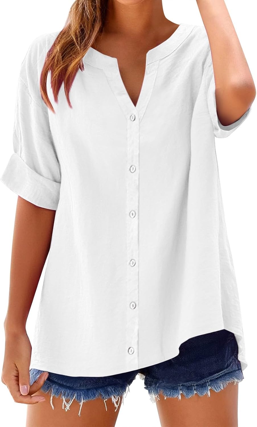 Women's Solid V-Neck Linen Shirt - 2025 Lightweight Summer Beach Top, Short Sleeve Boho Button Front Casual Blouse