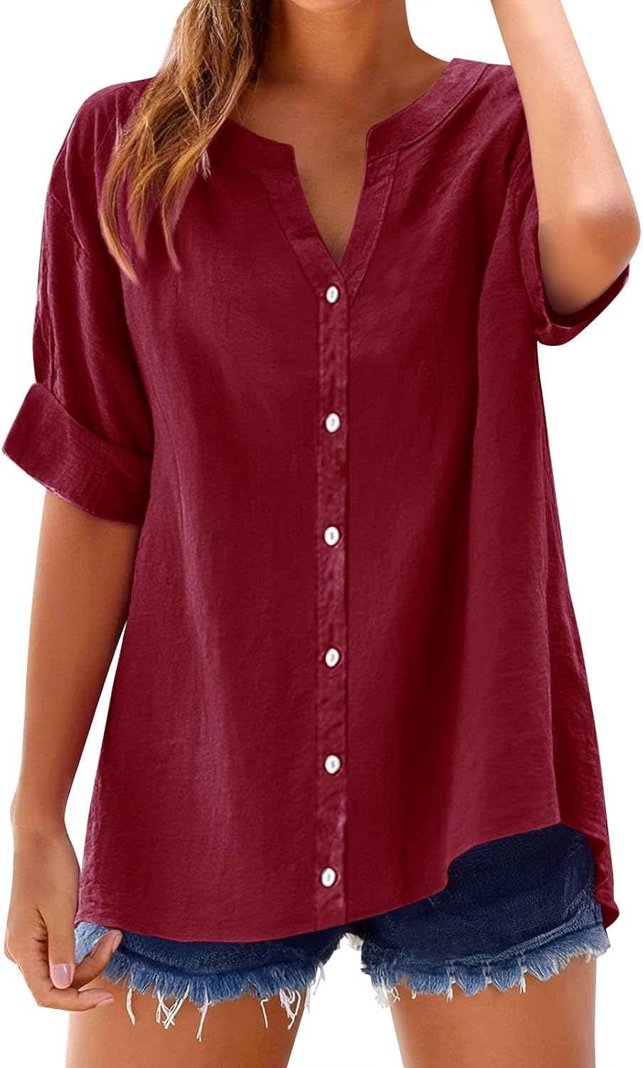 Women's Solid V-Neck Linen Shirt - 2025 Lightweight Summer Beach Top, Short Sleeve Boho Button Front Casual Blouse