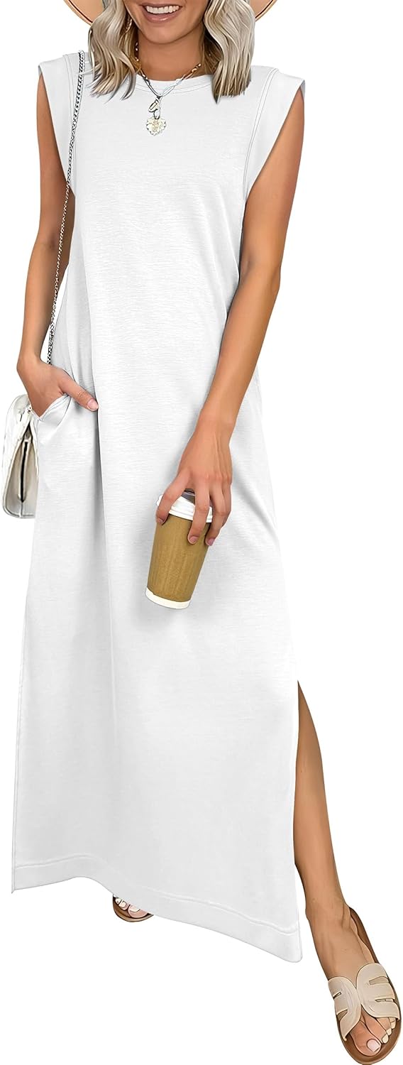 Women Summer Casual Sleeveless Maxi Dress 2026 Crewneck Loose Split Wrinkle-Free Beach Travel Vacation Long Sundress