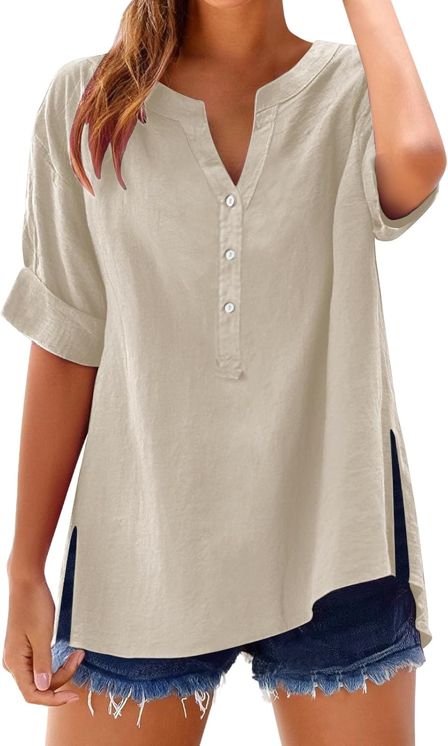 Women's Solid V-Neck Linen Shirt - 2025 Lightweight Summer Beach Top, Short Sleeve Boho Button Front Casual Blouse