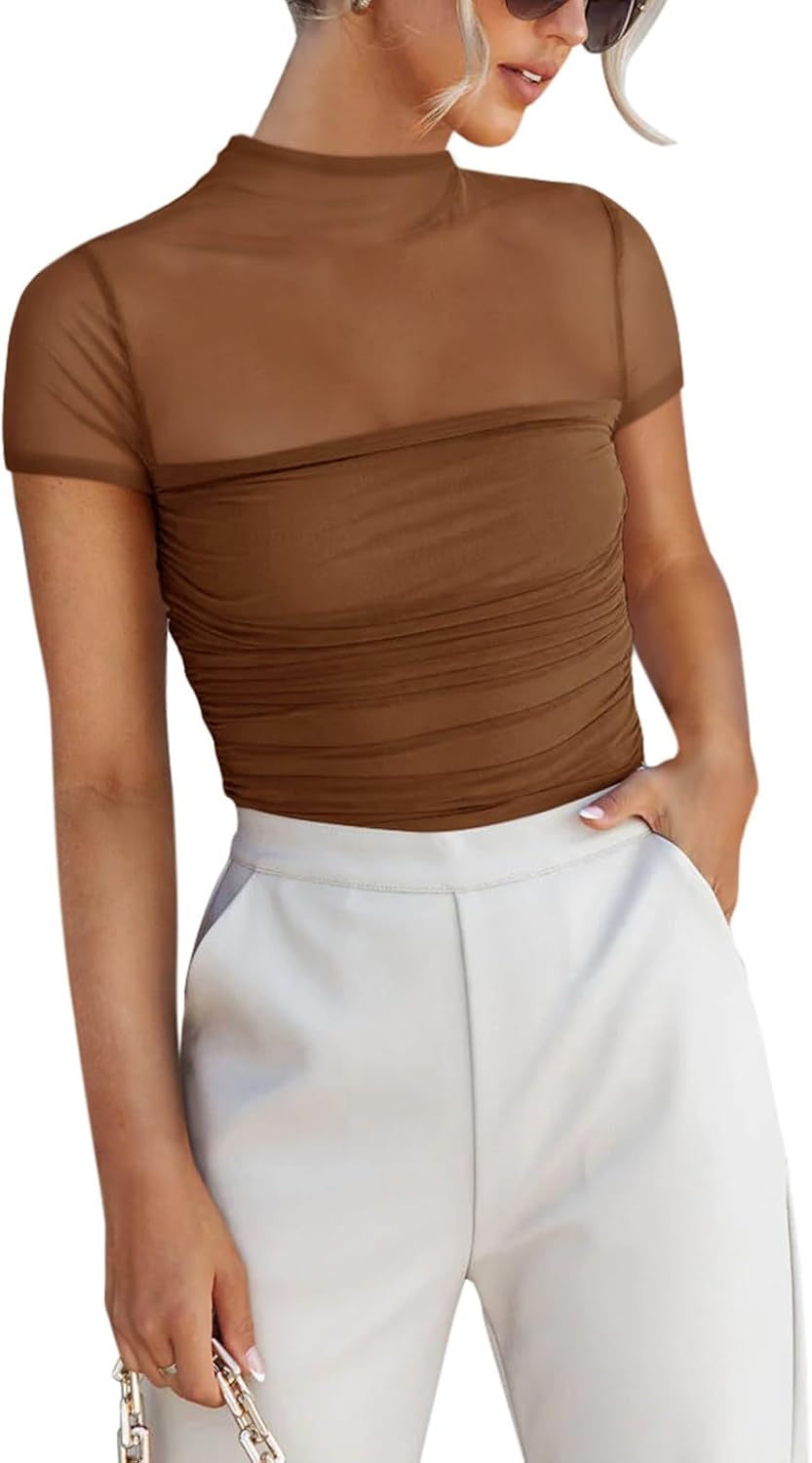 Women's Sexy Mock Turtle Neck Short Sleeve Shirts Sheer Mesh Ruched Trendy Going Out Bodysuits Tops