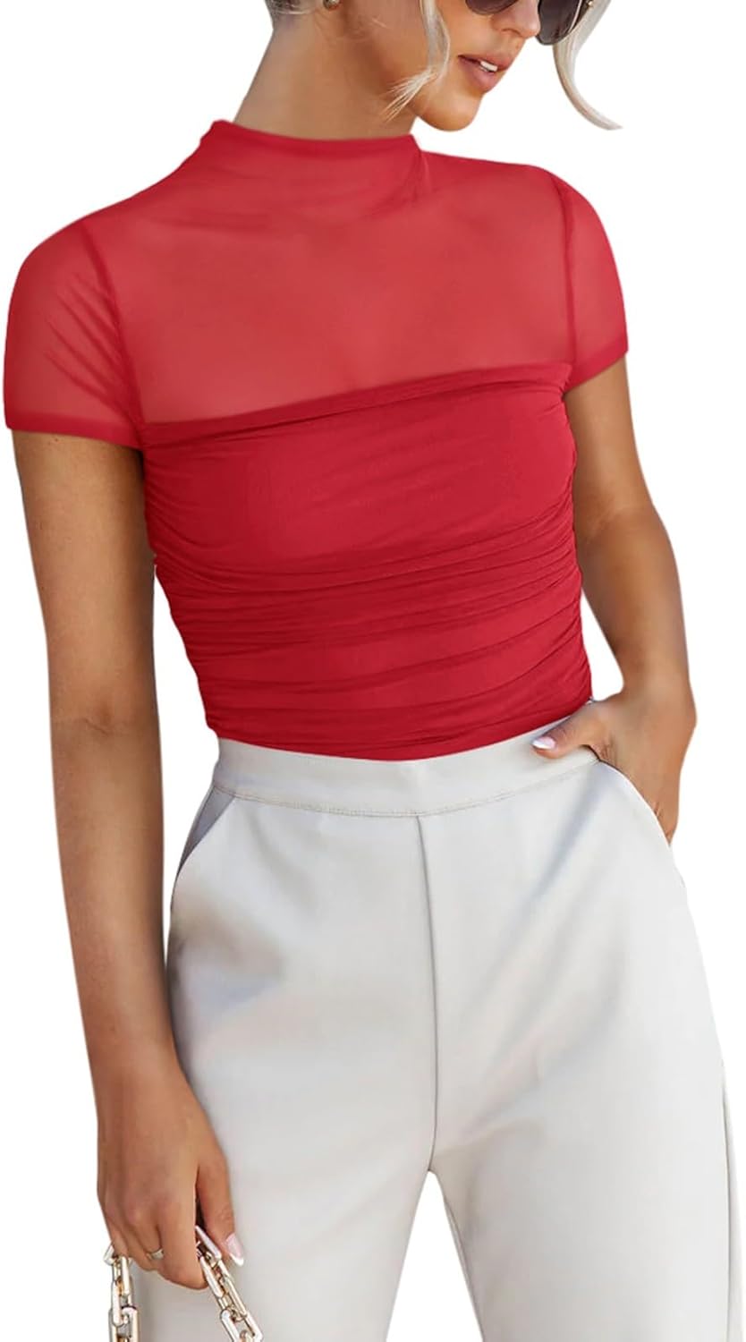 Women's Sexy Mock Turtle Neck Short Sleeve Shirts Sheer Mesh Ruched Trendy Going Out Bodysuits Tops