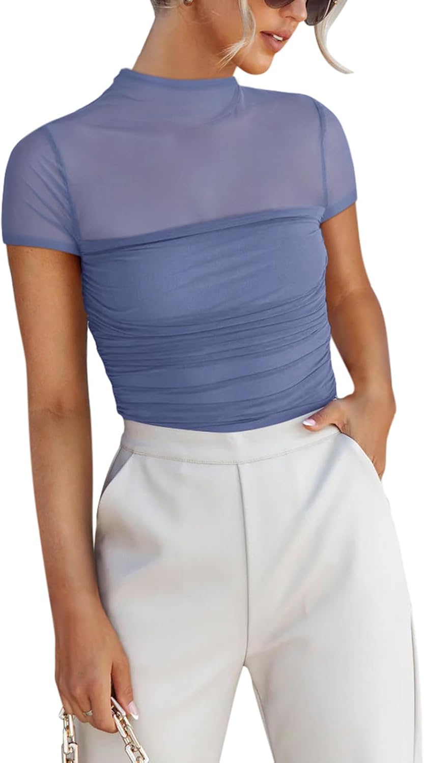 Women's Sexy Mock Turtle Neck Short Sleeve Shirts Sheer Mesh Ruched Trendy Going Out Bodysuits Tops