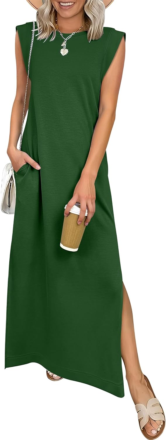Women Summer Casual Sleeveless Maxi Dress 2026 Crewneck Loose Split Wrinkle-Free Beach Travel Vacation Long Sundress