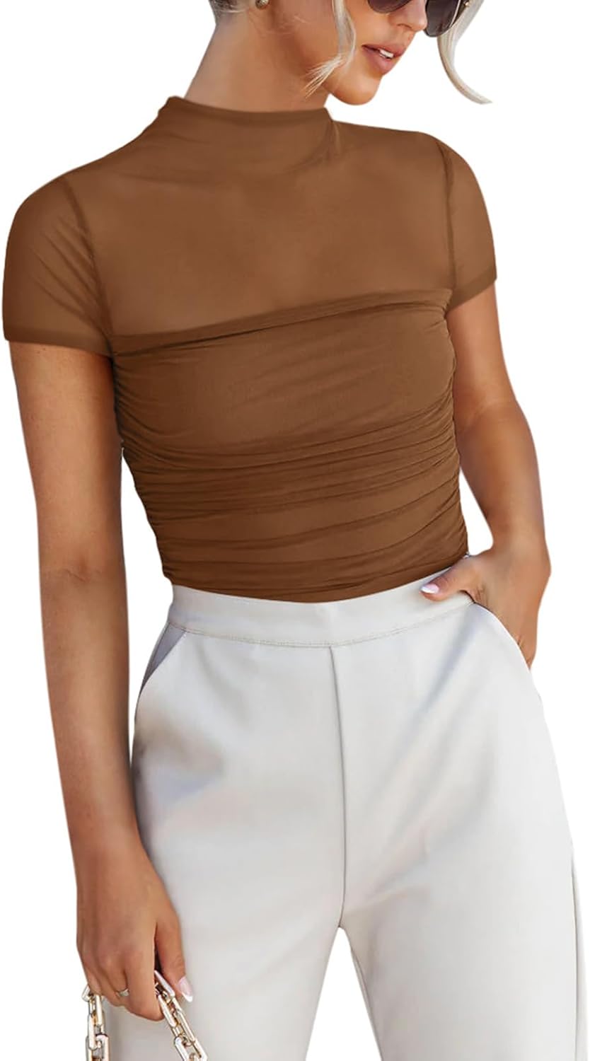 Women's Sexy Mock Turtle Neck Short Sleeve Shirts Sheer Mesh Ruched Trendy Going Out Bodysuits Tops