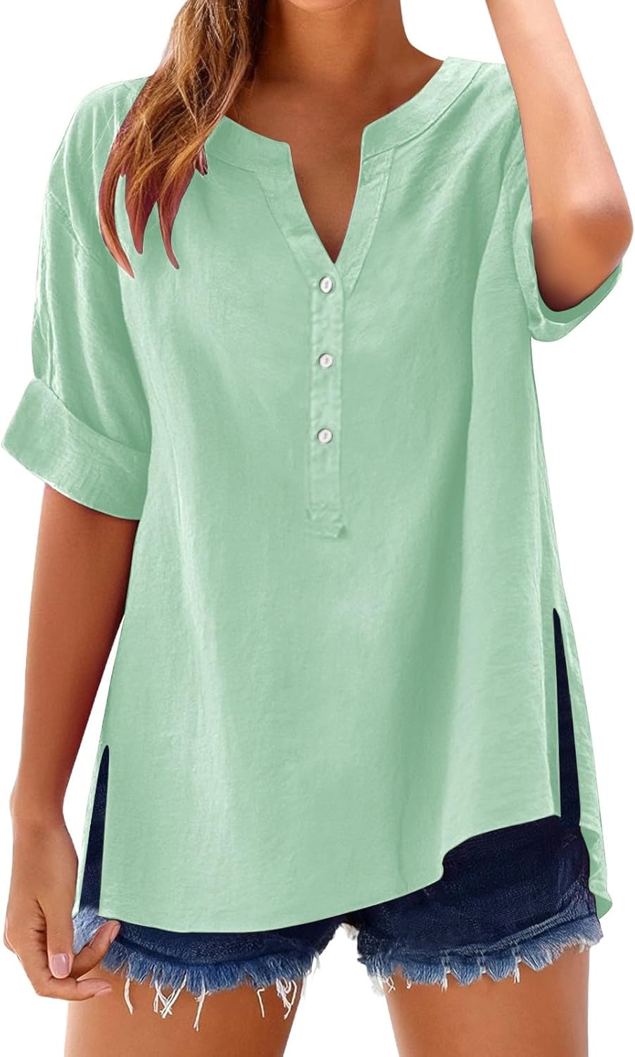 Women's Solid V-Neck Linen Shirt - 2025 Lightweight Summer Beach Top, Short Sleeve Boho Button Front Casual Blouse