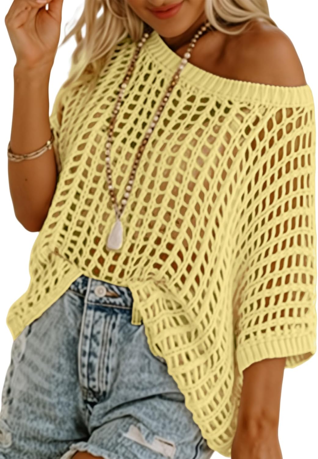 Womens Summer Scoop Neck Short Sleeve Sweater Casual Crochet Hollow Out Knit Tops Pullover Shirts Beach Coverup