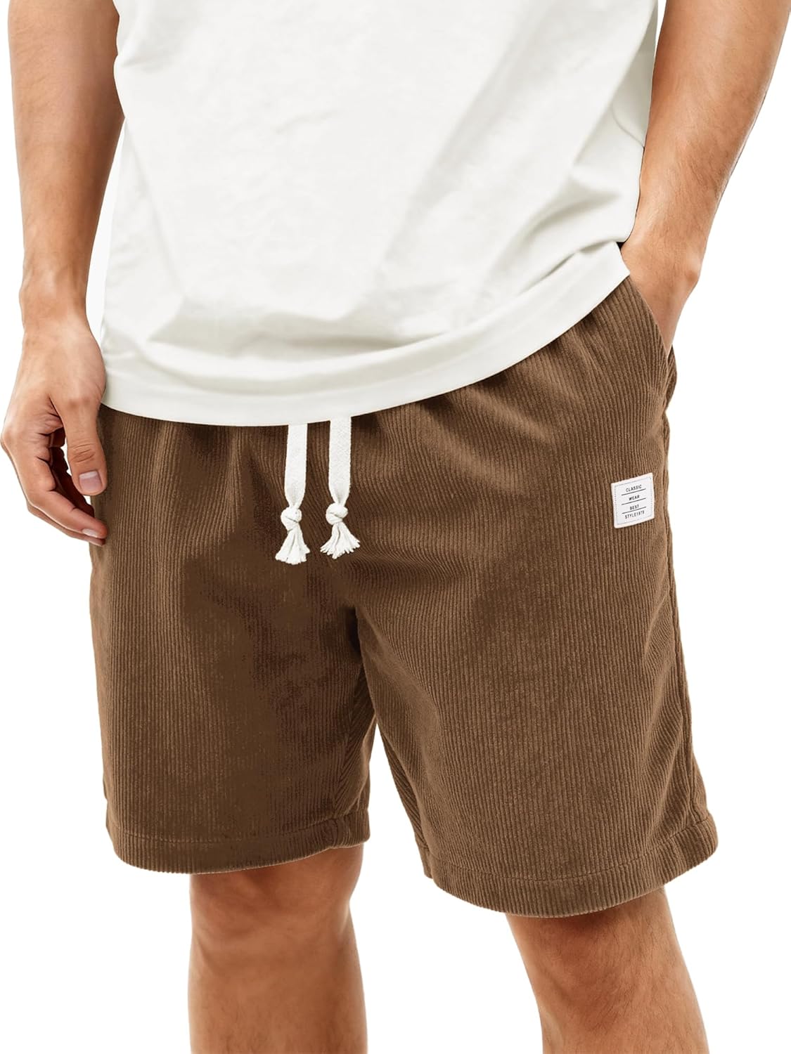 Mens Corduroy Shorts Casual 7 Inch Elastic Waist Drawstring Summer Beach Loose Fit Shorts