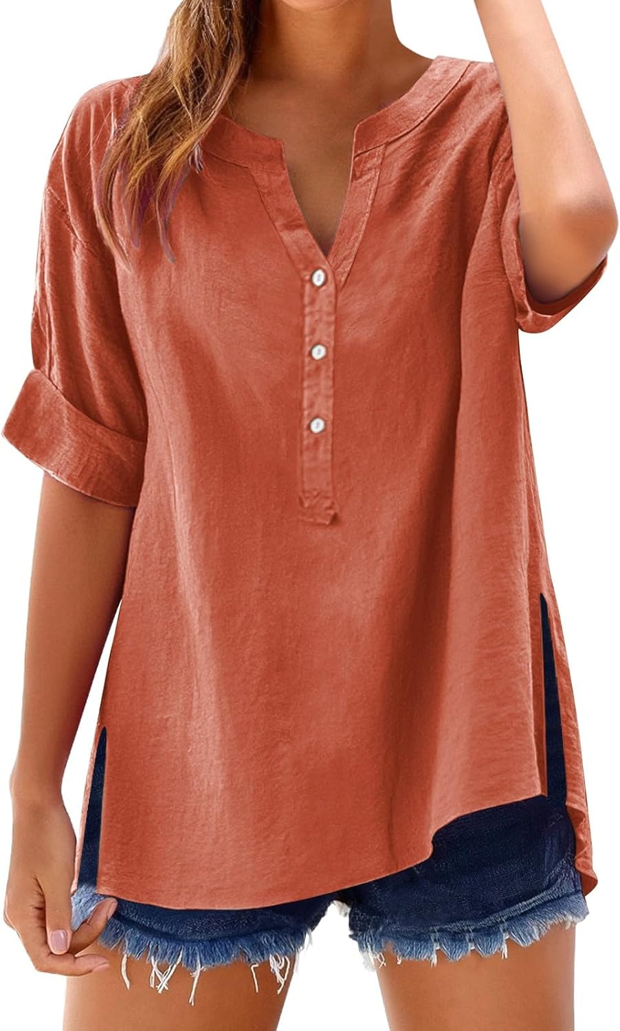 Women's Solid V-Neck Linen Shirt - 2025 Lightweight Summer Beach Top, Short Sleeve Boho Button Front Casual Blouse