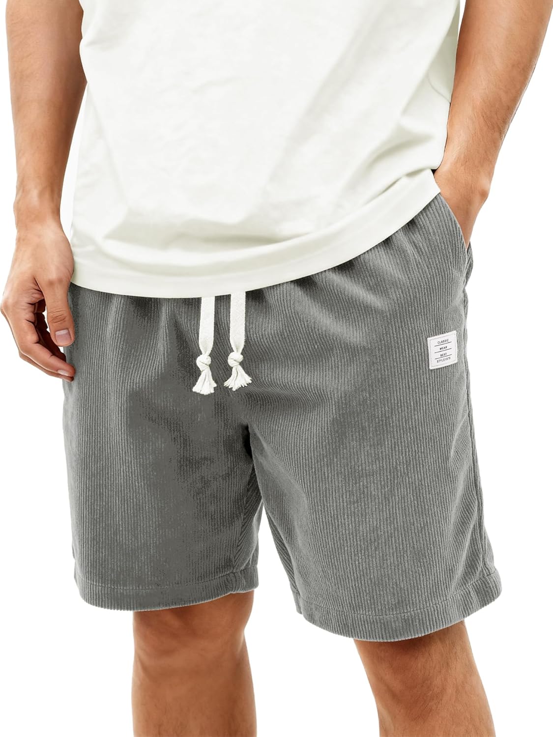 Mens Corduroy Shorts Casual 7 Inch Elastic Waist Drawstring Summer Beach Loose Fit Shorts