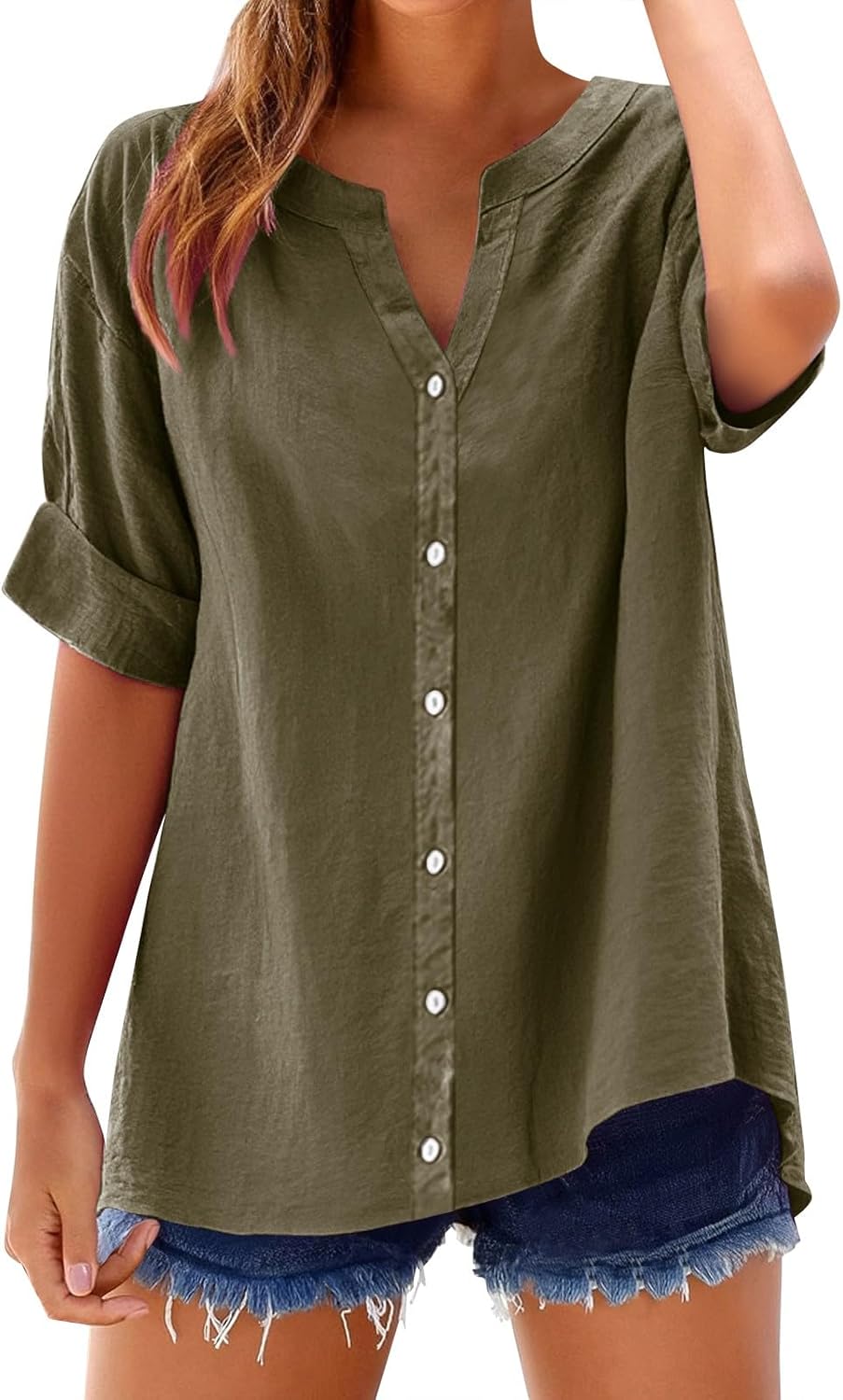 Women's Solid V-Neck Linen Shirt - 2025 Lightweight Summer Beach Top, Short Sleeve Boho Button Front Casual Blouse