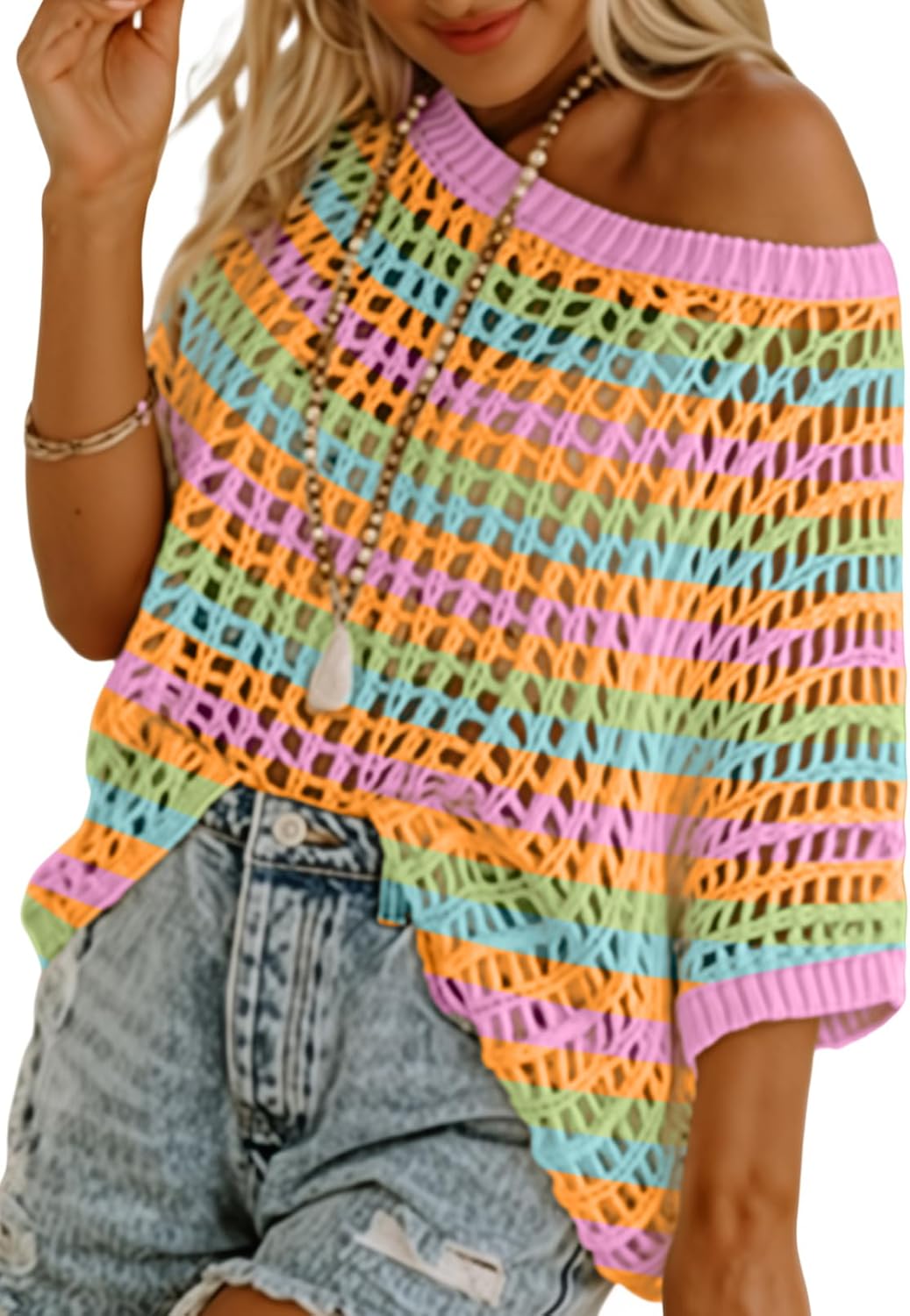 Womens Summer Scoop Neck Short Sleeve Sweater Casual Crochet Hollow Out Knit Tops Pullover Shirts Beach Coverup