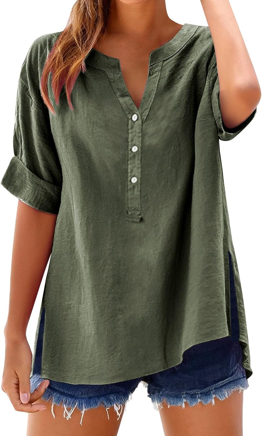 Women's Solid V-Neck Linen Shirt - 2025 Lightweight Summer Beach Top, Short Sleeve Boho Button Front Casual Blouse