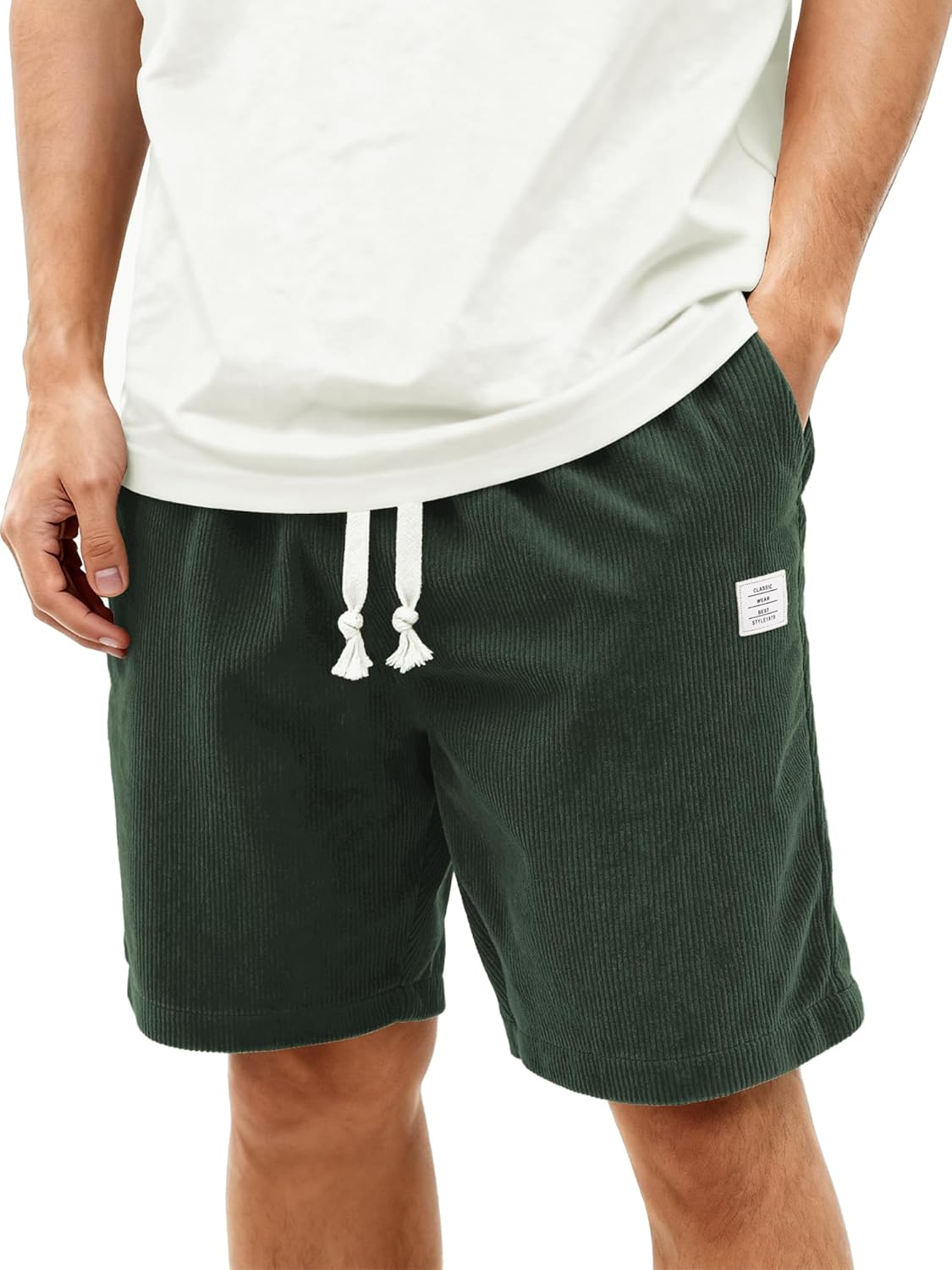 Mens Corduroy Shorts Casual 7 Inch Elastic Waist Drawstring Summer Beach Loose Fit Shorts