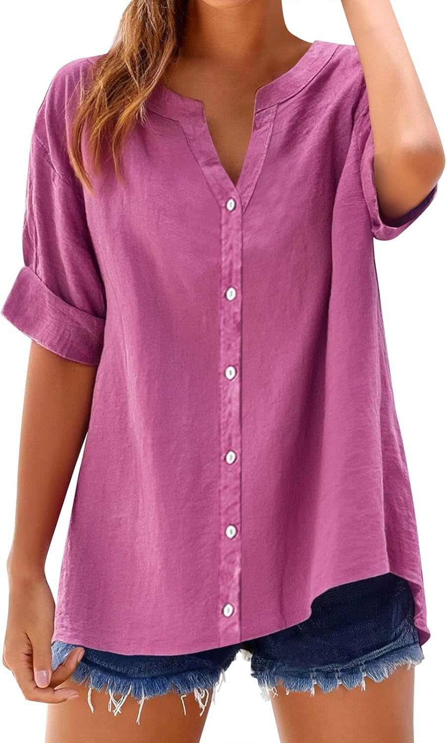 Women's Solid V-Neck Linen Shirt - 2025 Lightweight Summer Beach Top, Short Sleeve Boho Button Front Casual Blouse