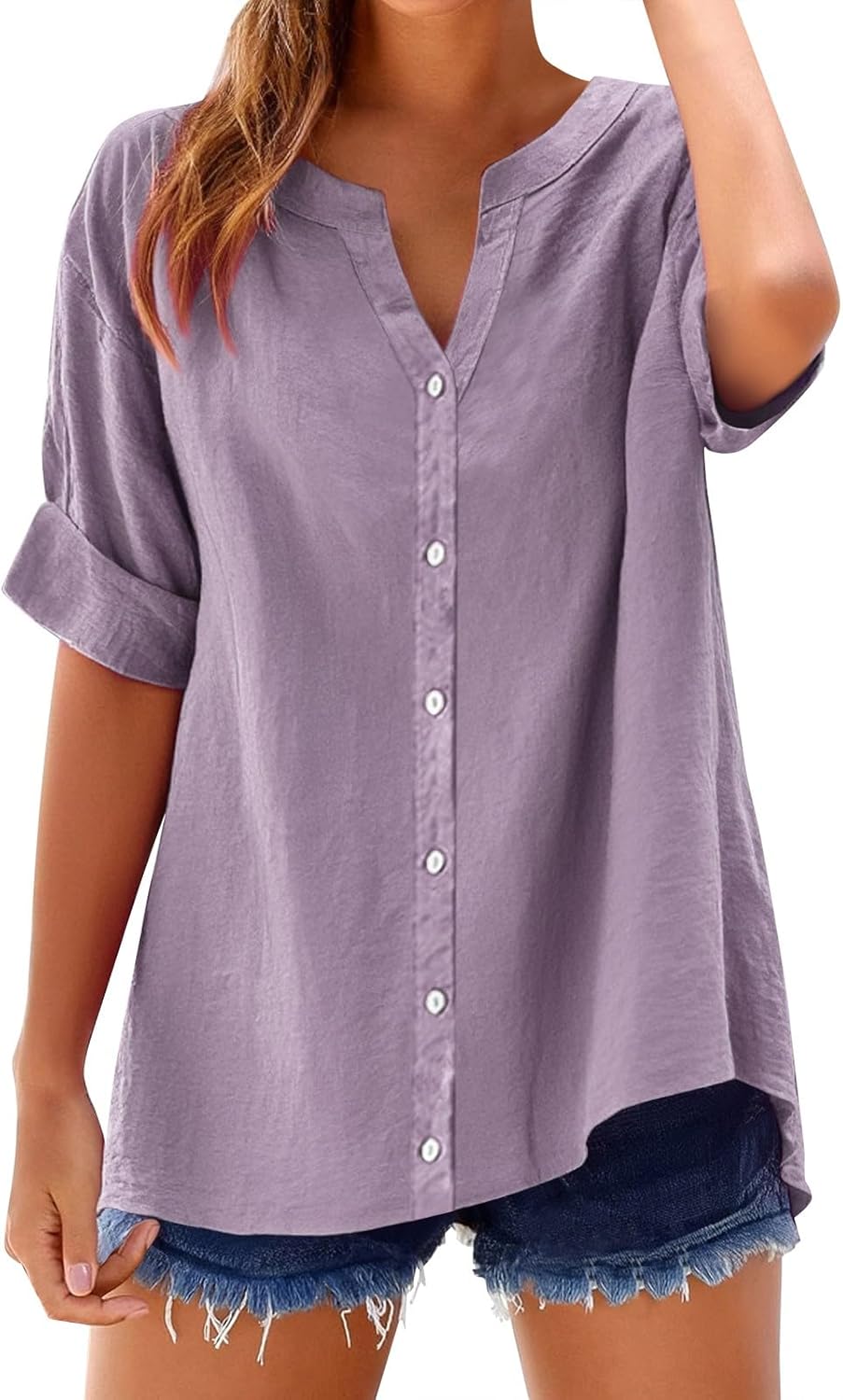 Women's Solid V-Neck Linen Shirt - 2025 Lightweight Summer Beach Top, Short Sleeve Boho Button Front Casual Blouse