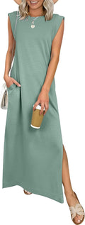 Women Summer Casual Sleeveless Maxi Dress 2026 Crewneck Loose Split Wrinkle-Free Beach Travel Vacation Long Sundress