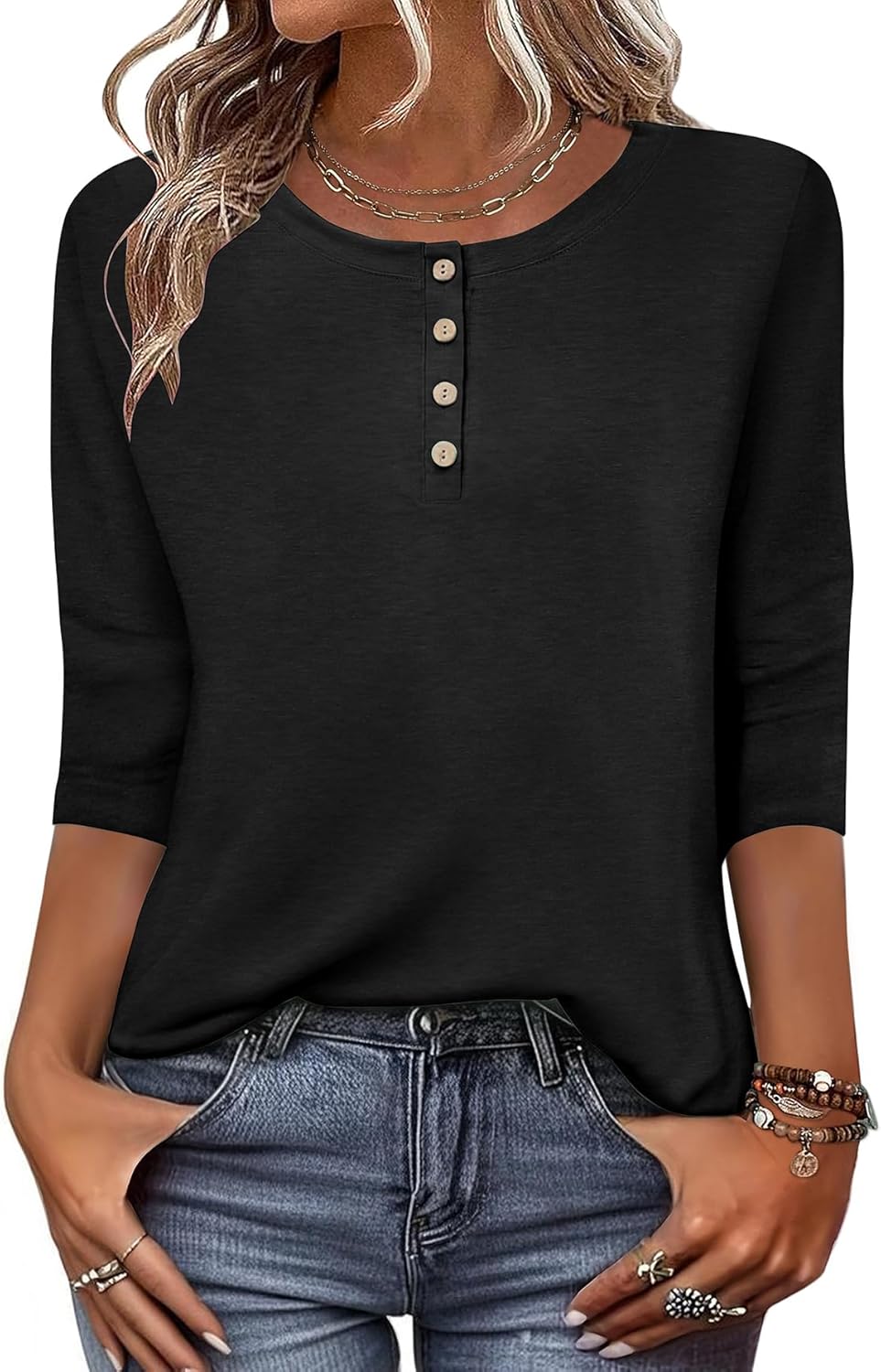 3/4 Length Sleeve Women Tops Crew Neck Blouses Dressy Casual Summer T Shirts Loose Fit Business Work Clothes