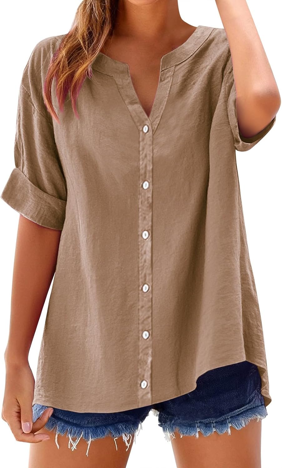 Women's Solid V-Neck Linen Shirt - 2025 Lightweight Summer Beach Top, Short Sleeve Boho Button Front Casual Blouse