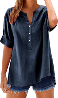 Women's Solid V-Neck Linen Shirt - 2025 Lightweight Summer Beach Top, Short Sleeve Boho Button Front Casual Blouse