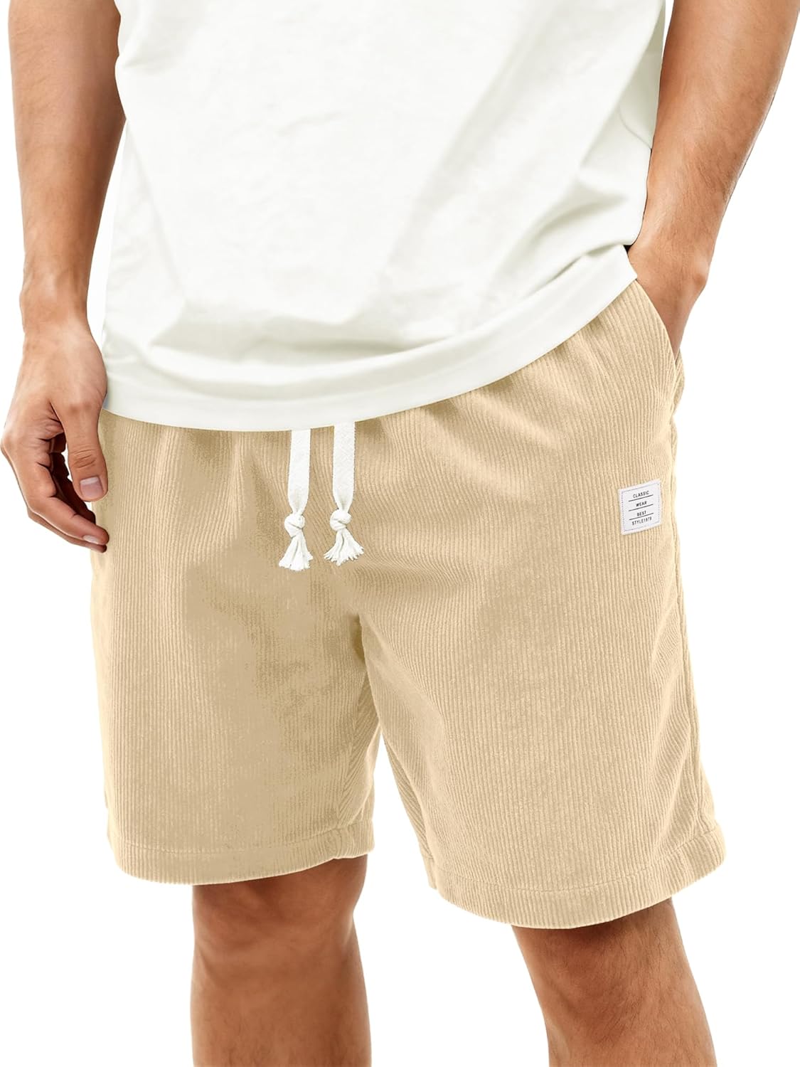 Mens Corduroy Shorts Casual 7 Inch Elastic Waist Drawstring Summer Beach Loose Fit Shorts