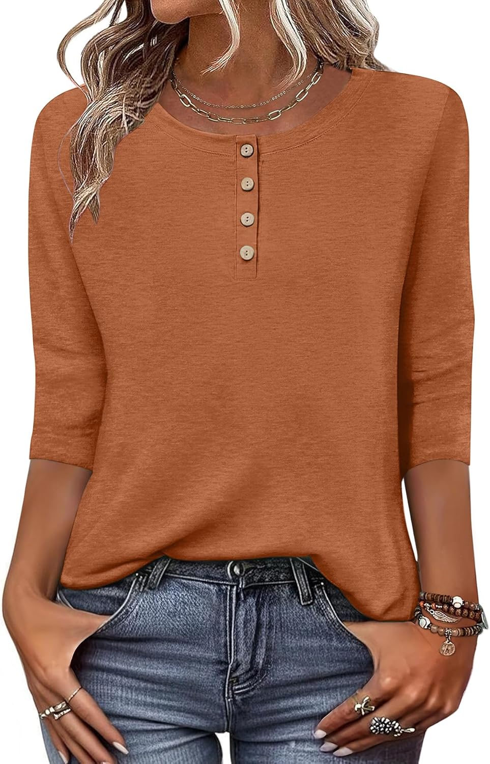 3/4 Length Sleeve Women Tops Crew Neck Blouses Dressy Casual Summer T Shirts Loose Fit Business Work Clothes