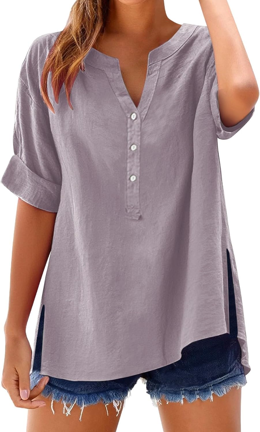Women's Solid V-Neck Linen Shirt - 2025 Lightweight Summer Beach Top, Short Sleeve Boho Button Front Casual Blouse