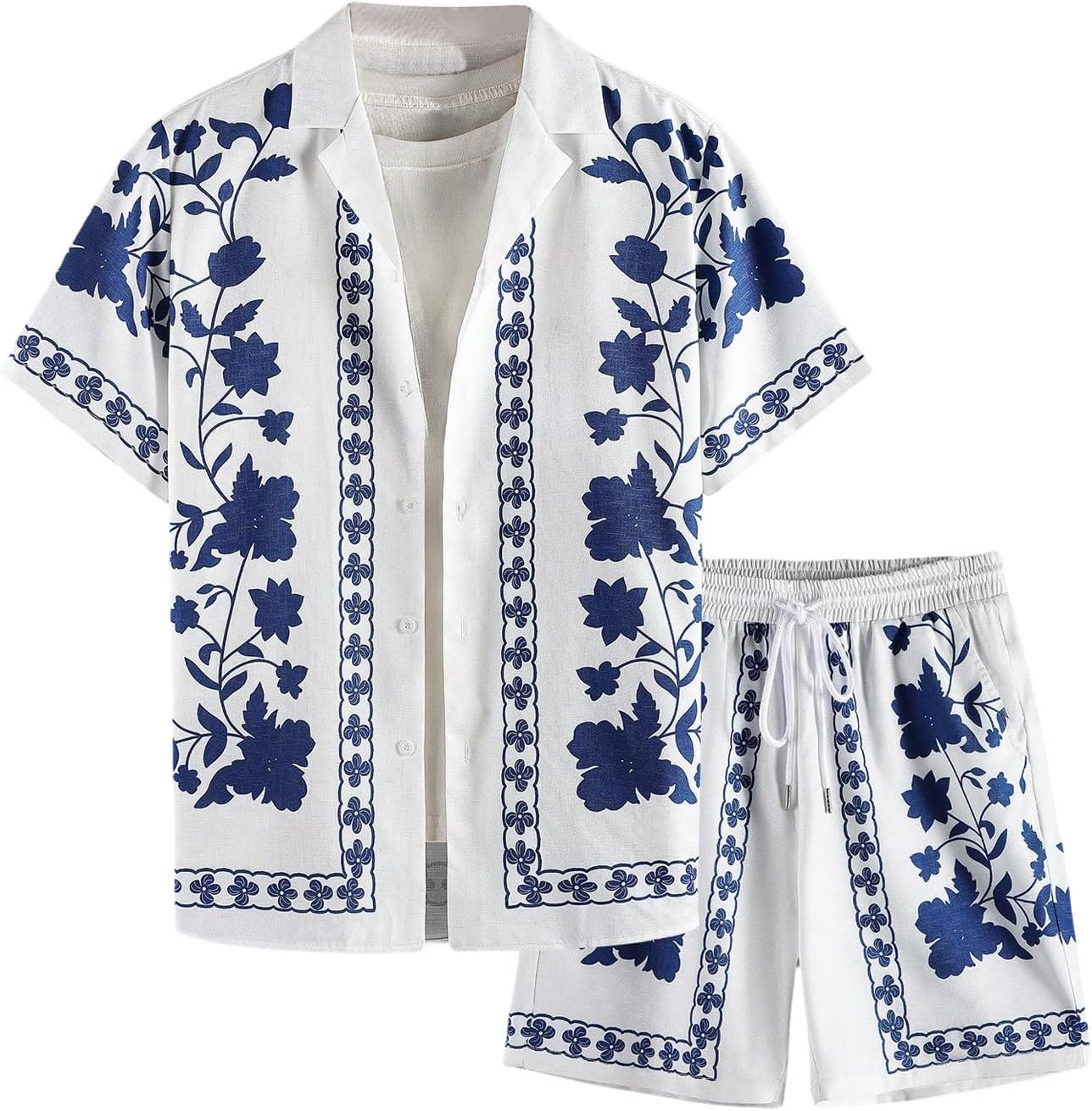 Men's 2 Piece Vacation Beach Outfits Floral Button Down Shirt and Shorts Cruise Attire Sets