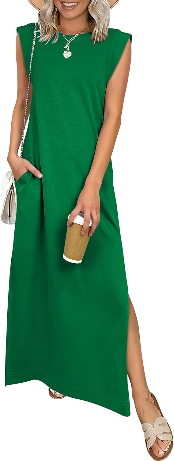 Women Summer Casual Sleeveless Maxi Dress 2026 Crewneck Loose Split Wrinkle-Free Beach Travel Vacation Long Sundress
