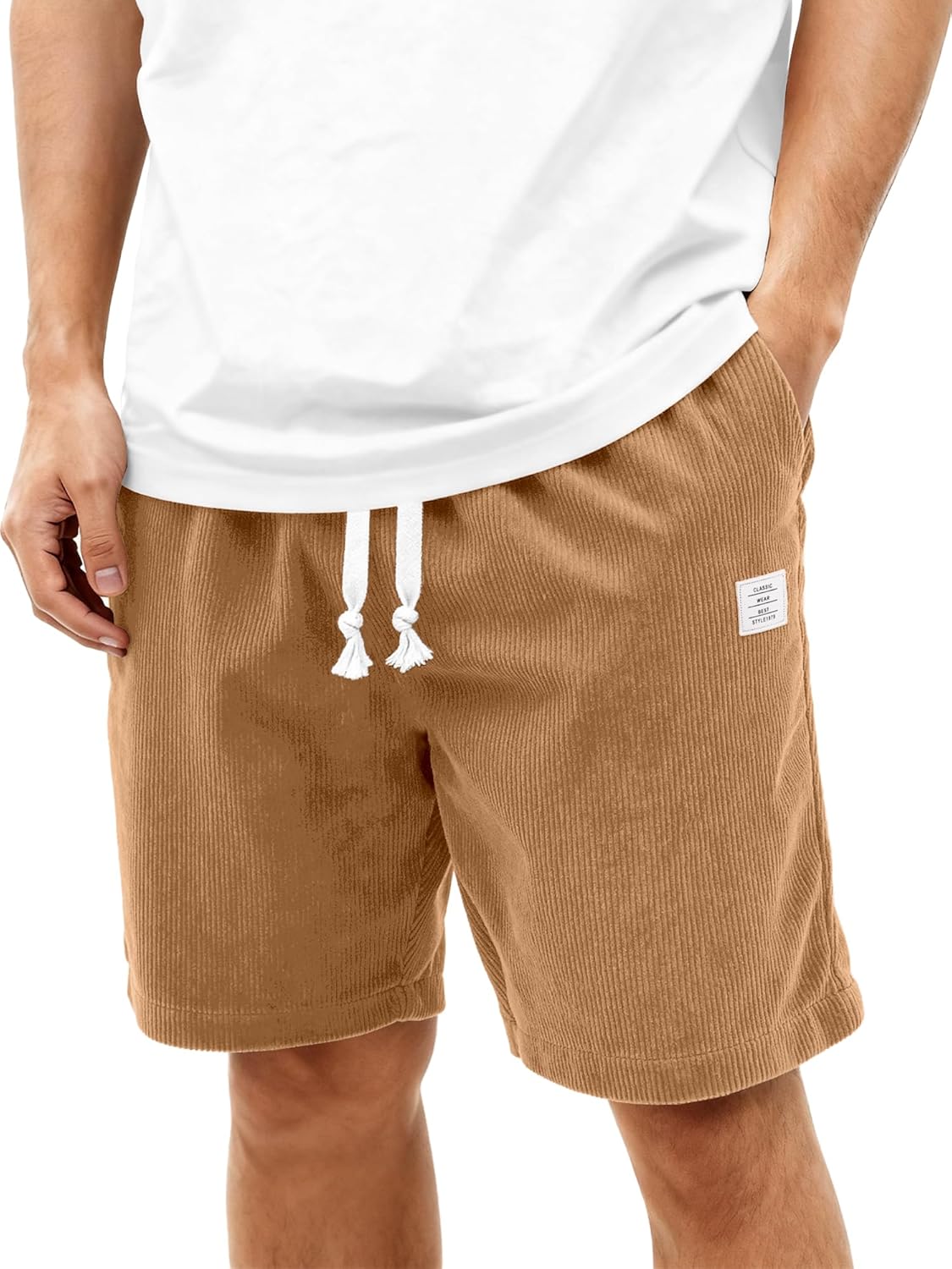Mens Corduroy Shorts Casual 7 Inch Elastic Waist Drawstring Summer Beach Loose Fit Shorts