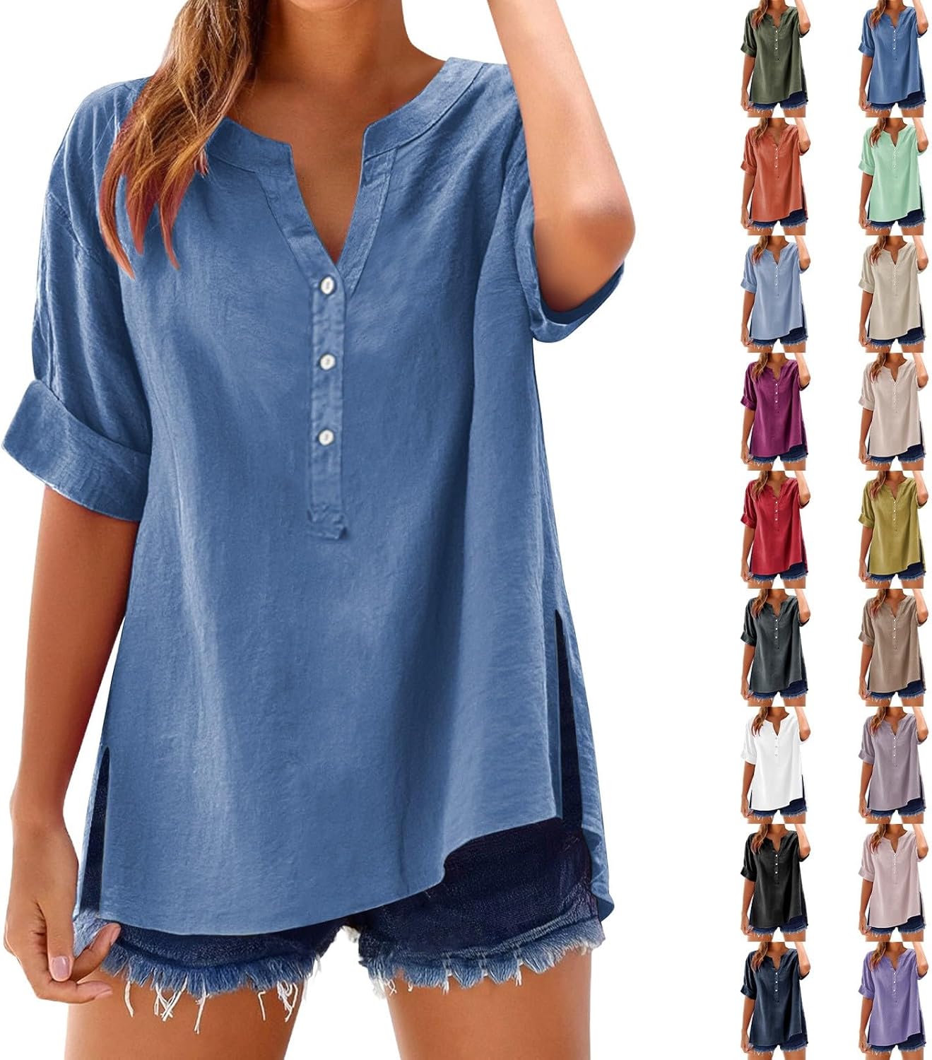 Women's Solid V-Neck Linen Shirt - 2025 Lightweight Summer Beach Top, Short Sleeve Boho Button Front Casual Blouse