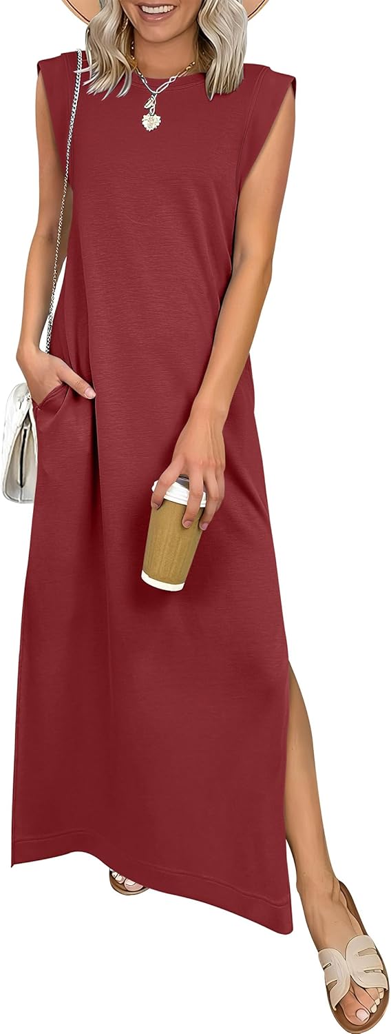 Women Summer Casual Sleeveless Maxi Dress 2026 Crewneck Loose Split Wrinkle-Free Beach Travel Vacation Long Sundress