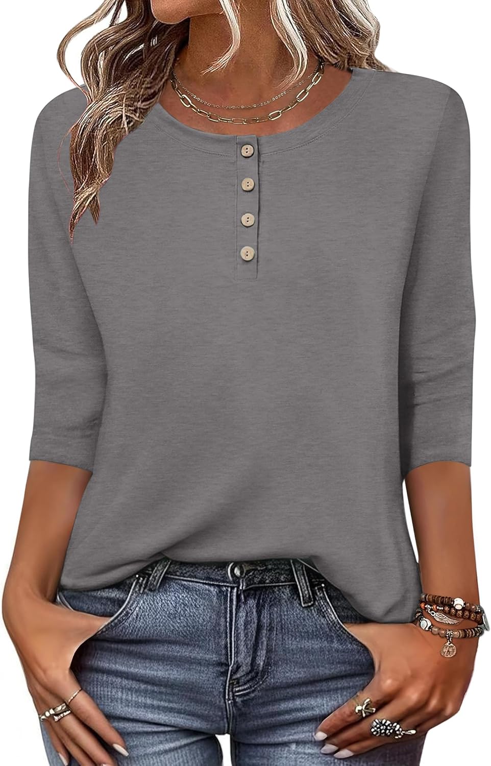 3/4 Length Sleeve Women Tops Crew Neck Blouses Dressy Casual Summer T Shirts Loose Fit Business Work Clothes