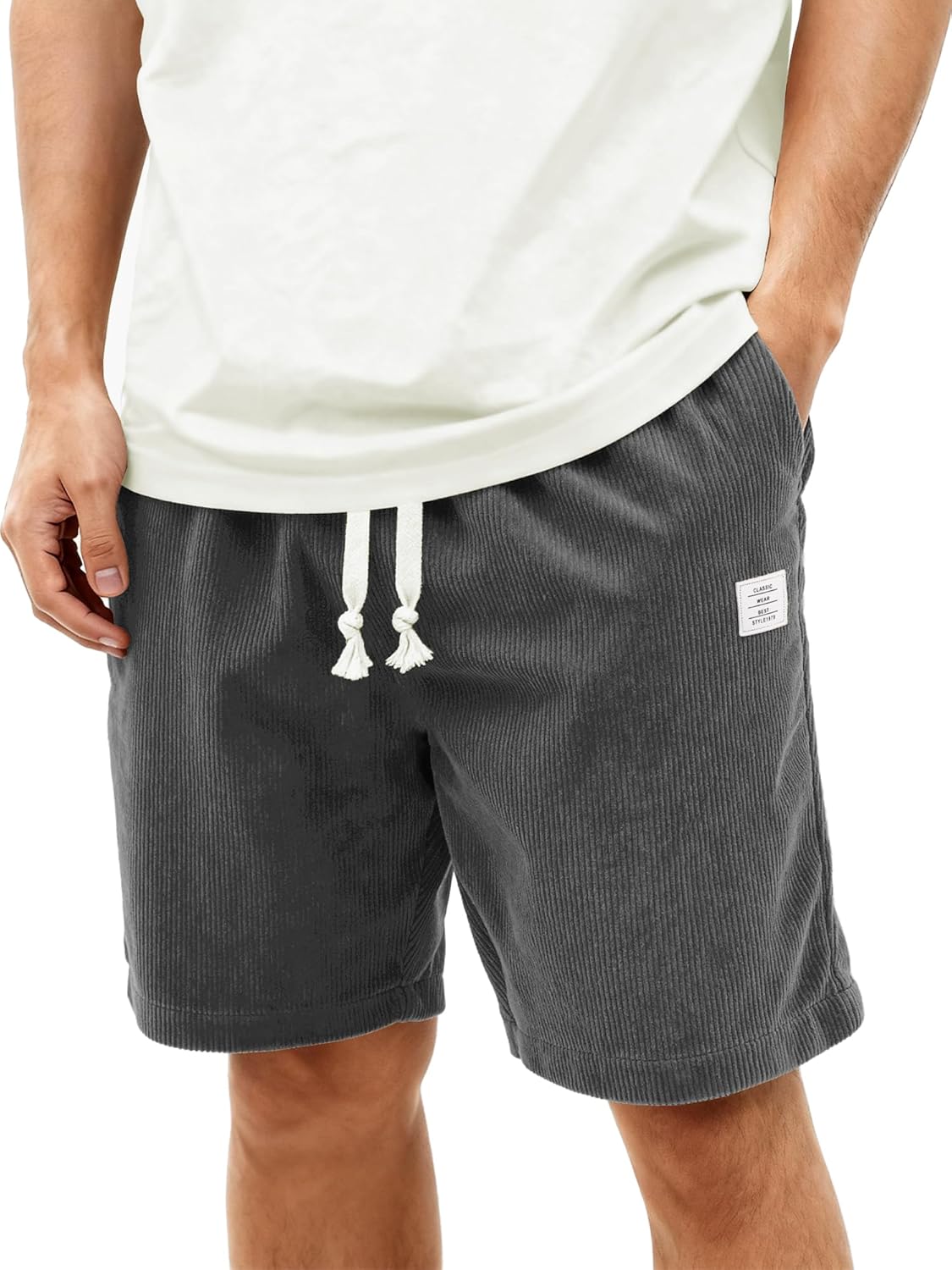 Mens Corduroy Shorts Casual 7 Inch Elastic Waist Drawstring Summer Beach Loose Fit Shorts