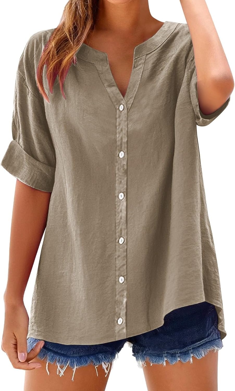 Women's Solid V-Neck Linen Shirt - 2025 Lightweight Summer Beach Top, Short Sleeve Boho Button Front Casual Blouse