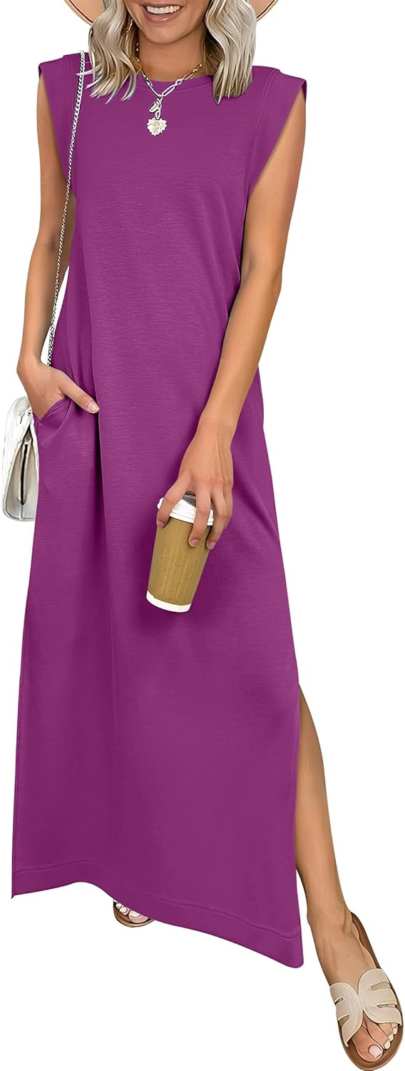 Women Summer Casual Sleeveless Maxi Dress 2026 Crewneck Loose Split Wrinkle-Free Beach Travel Vacation Long Sundress