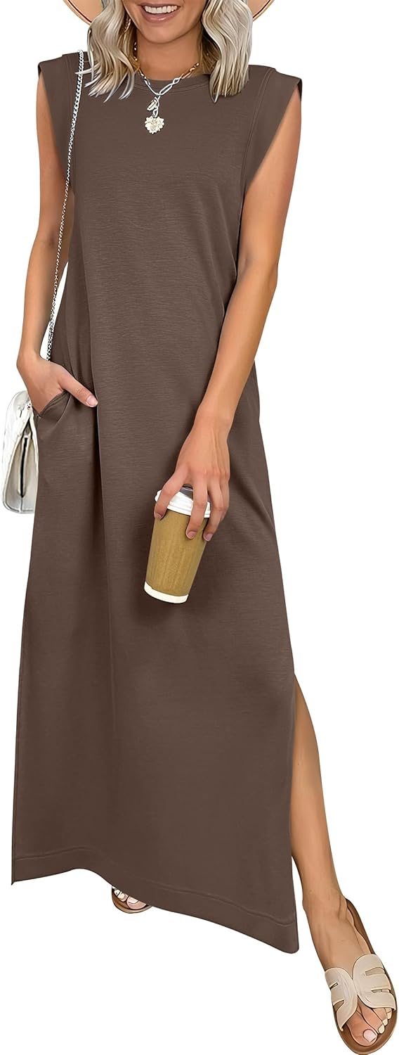 Women Summer Casual Sleeveless Maxi Dress 2026 Crewneck Loose Split Wrinkle-Free Beach Travel Vacation Long Sundress