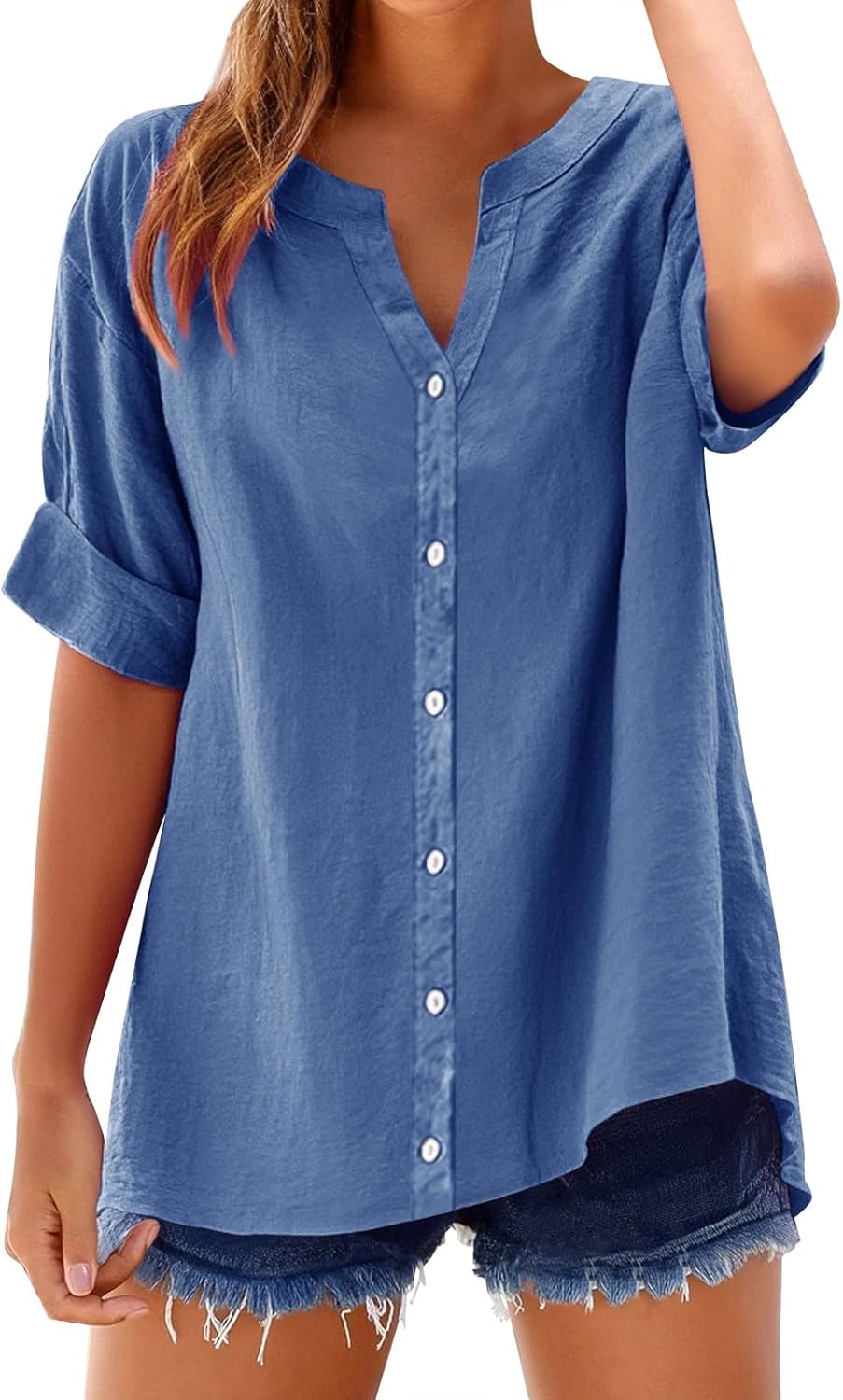 Women's Solid V-Neck Linen Shirt - 2025 Lightweight Summer Beach Top, Short Sleeve Boho Button Front Casual Blouse