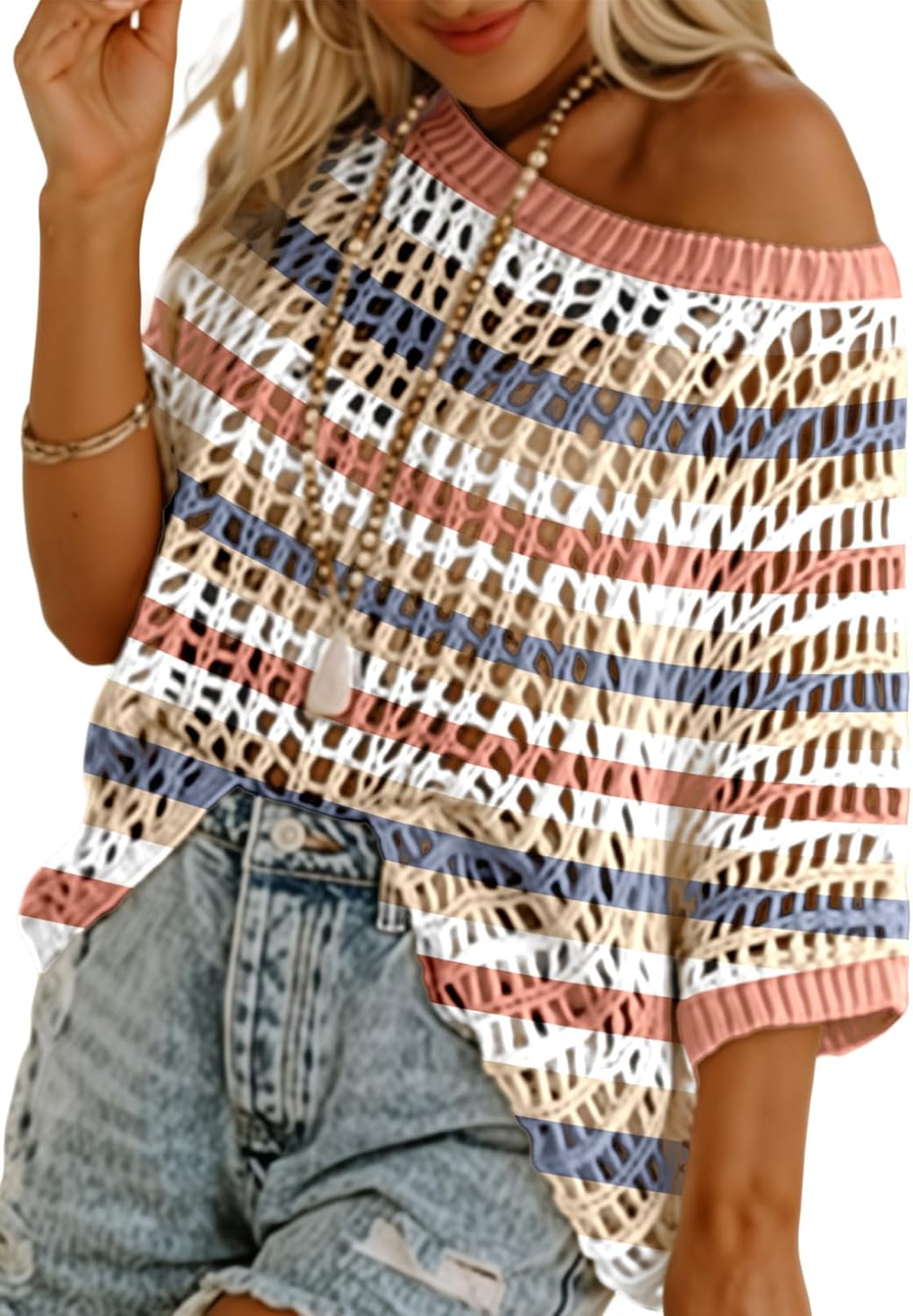 Womens Summer Scoop Neck Short Sleeve Sweater Casual Crochet Hollow Out Knit Tops Pullover Shirts Beach Coverup