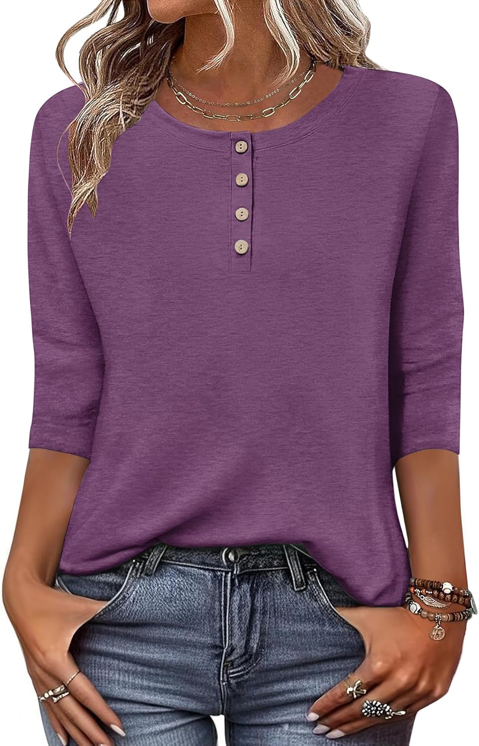 3/4 Length Sleeve Women Tops Crew Neck Blouses Dressy Casual Summer T Shirts Loose Fit Business Work Clothes