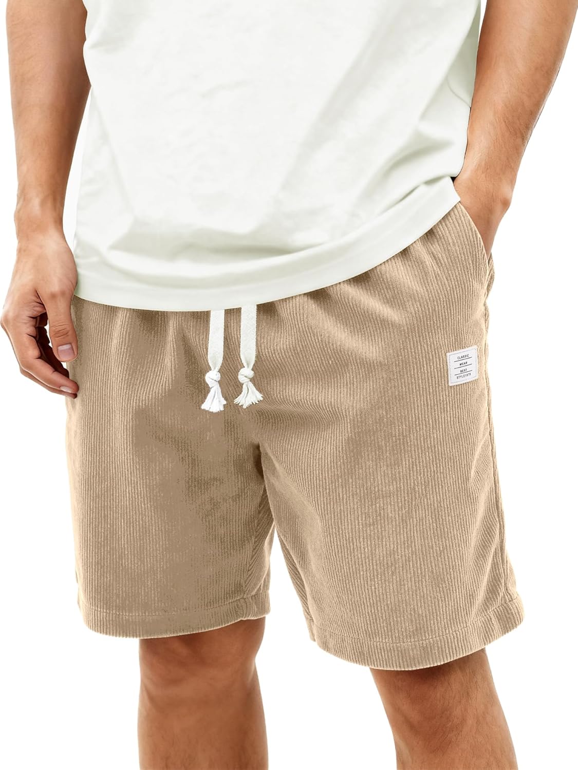 Mens Corduroy Shorts Casual 7 Inch Elastic Waist Drawstring Summer Beach Loose Fit Shorts