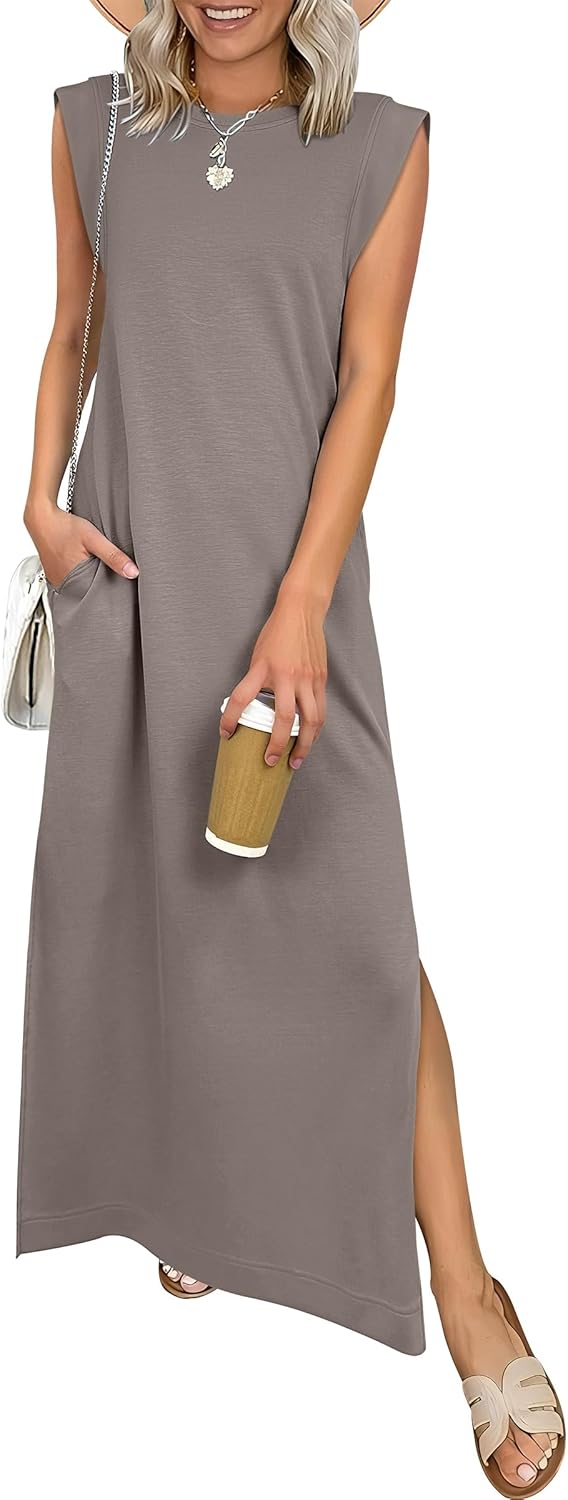 Women Summer Casual Sleeveless Maxi Dress 2026 Crewneck Loose Split Wrinkle-Free Beach Travel Vacation Long Sundress